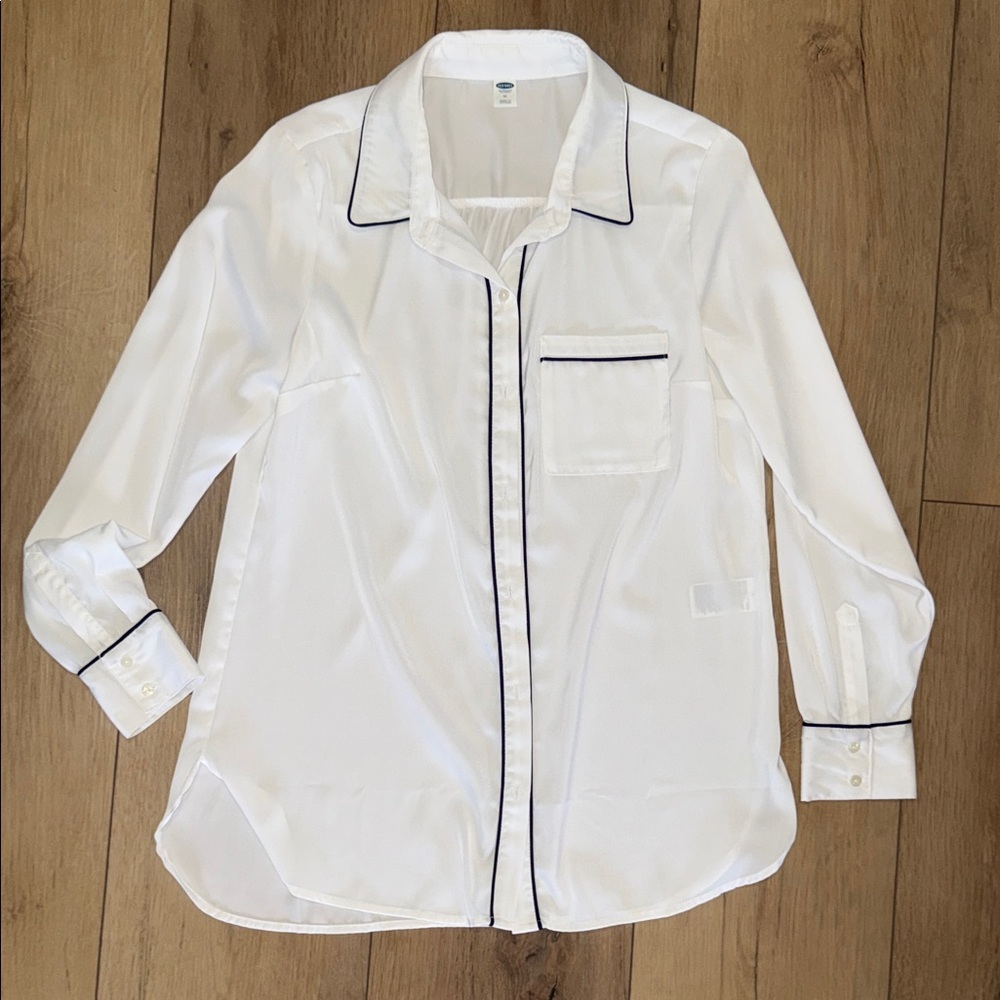 White Satin style Button down Shirt with Navy or black Piping